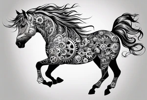 a horse head made out of gears and a flowing mane made out of rope tattoo idea