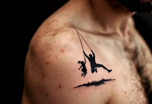 A bold black silhouette of a father swinging his daughter by the arms, mid-air, with ground shadow to enhance movement. tattoo idea