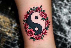 A yin-yang symbol formed from roses and ivy, using deep red, forest green, and soft pinks.
Placement: Shoulder blade or thigh. tattoo idea