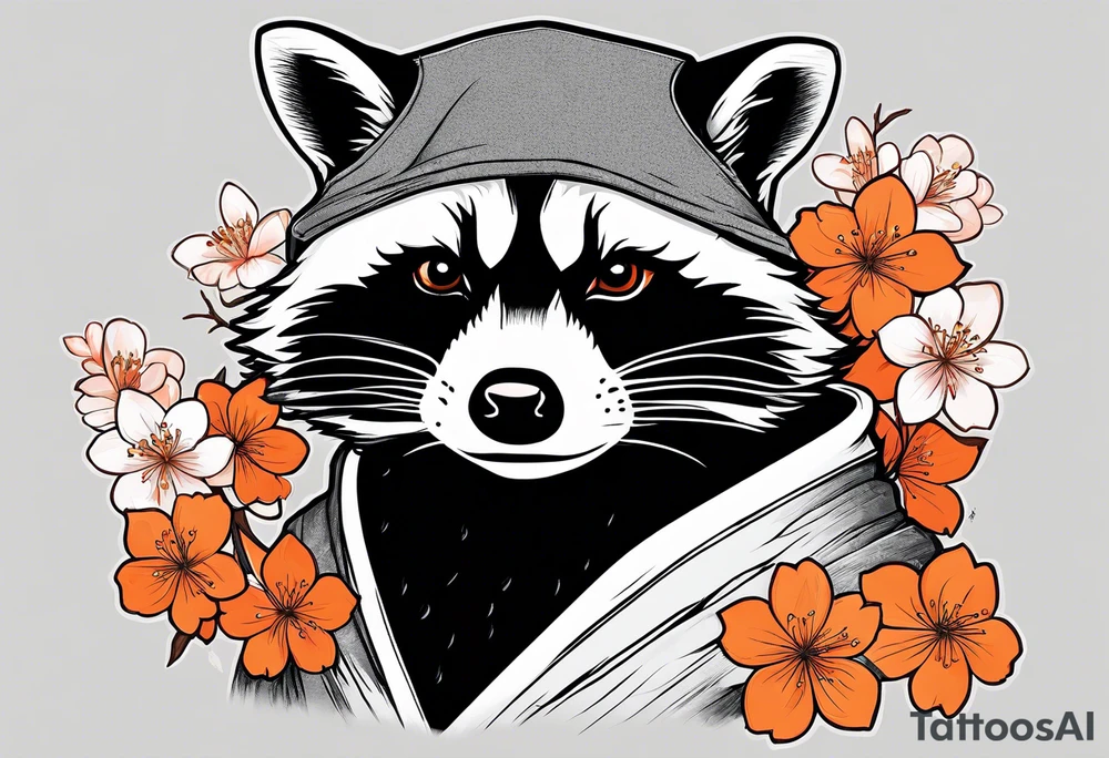Raccoon wearing a white Superman logo on a black hoodie and orange Japanese cherry blossoms tattoo idea
