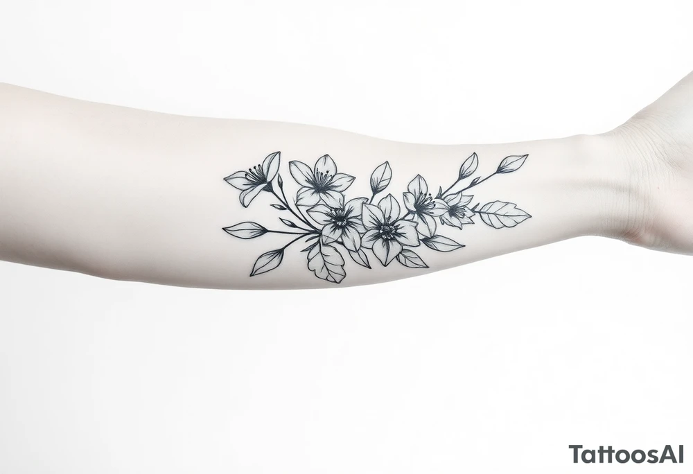 starting from a band mid forearm, narcissus flowers and holly flowers going up the arm tattoo idea