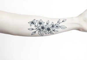 starting from a band mid forearm, narcissus flowers and holly flowers going up the arm tattoo idea