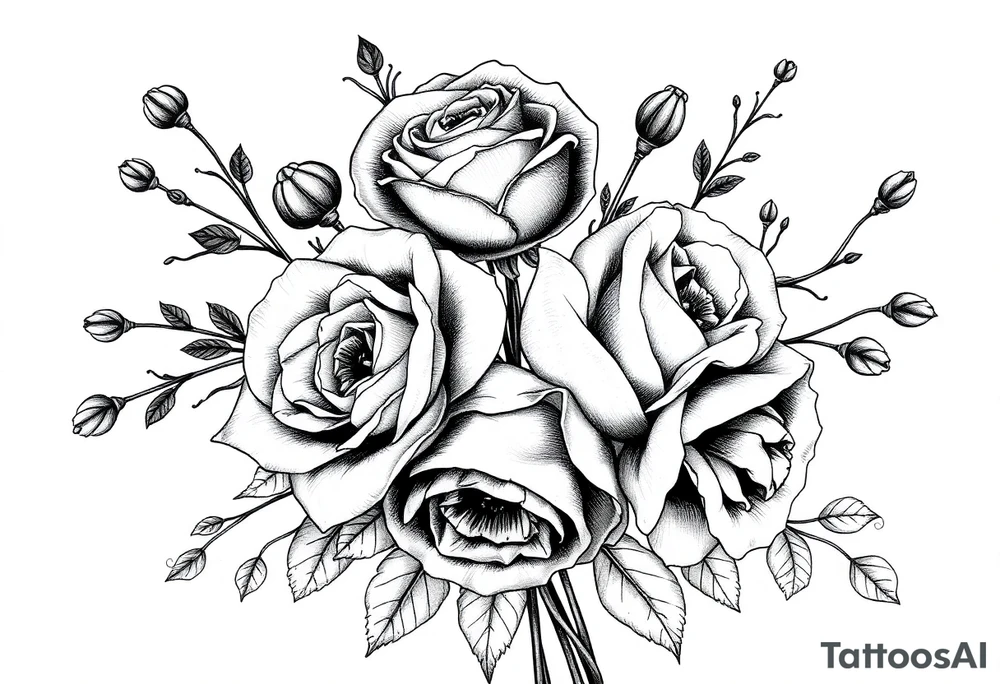 vintage bouquet of wild roses and meadow flowers with morning dew tattoo idea