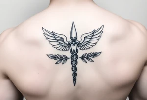 A caduceus-style staff where the top is a small molar tooth instead of wings, surrounded by laurel leaves, line-art design.” tattoo idea