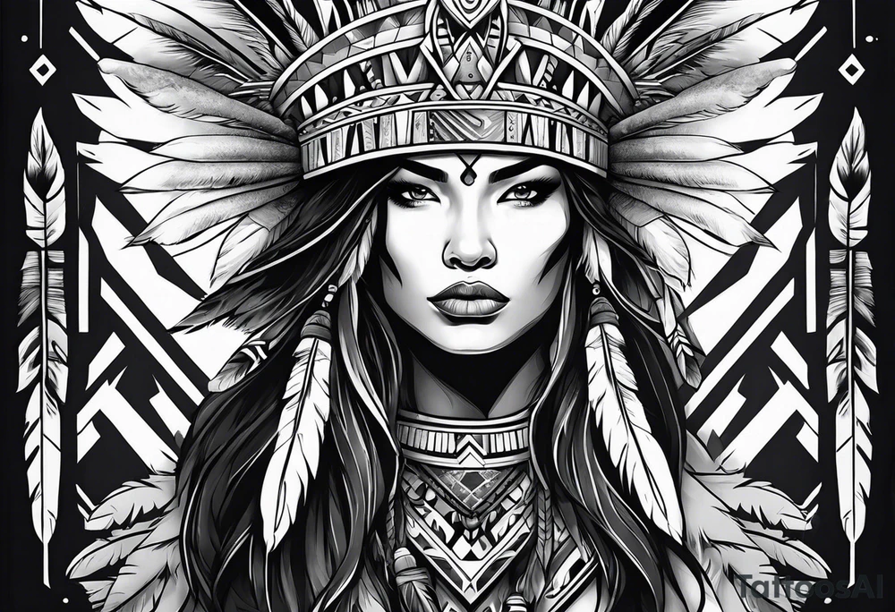 Female Native American warrior with wolf head hat tattoo idea Female Native American warrior with wolf head hat tattoo idea
