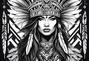 Female Native American warrior with wolf head hat tattoo idea