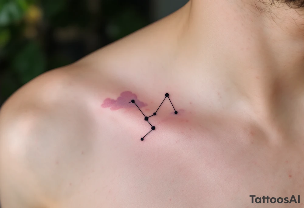 A soft pastel rendering of the Capricorn constellation on the collarbone, with pink and lavender clouds behind it. tattoo idea