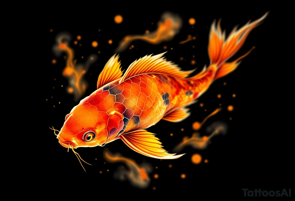 Orange and Yellow Koi with Sun Rays – A bright koi in warm sunset tones, highlighted by golden sunbeams streaming down through the water. tattoo idea