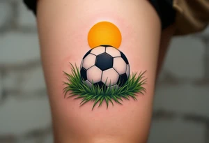 A detailed soccer ball resting on green grass with a bright yellow sun overhead. tattoo idea