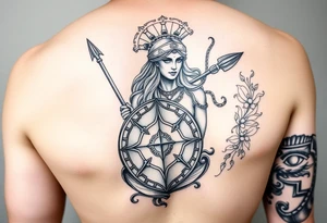 The goddess Athena with her Medusa shield and spear surrounded by Greek flourished designs on right arm sleeve tattoo idea