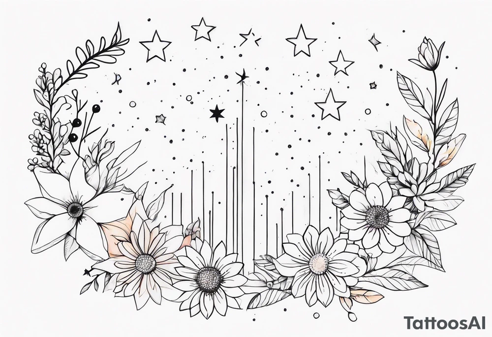 fine line with stars, floral, dots tattoo idea