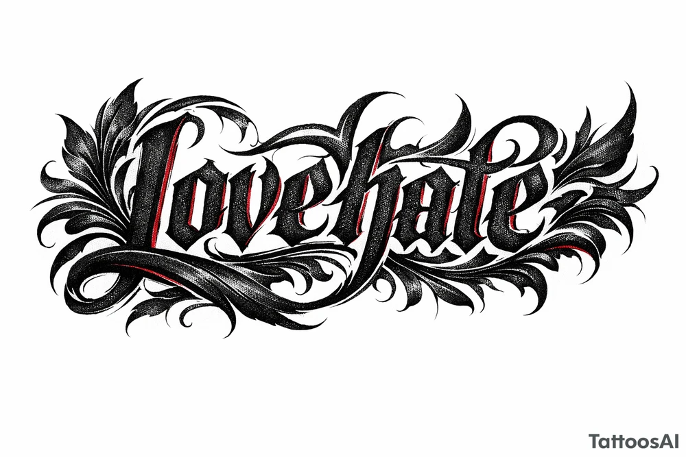 Textured font 'lovehate' in charcoal with deep red highlights. tattoo idea