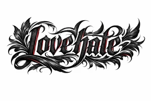 Textured font 'lovehate' in charcoal with deep red highlights. tattoo idea