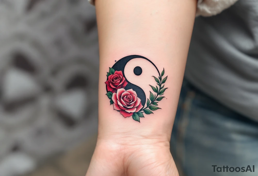 A yin-yang symbol formed from roses and ivy, using deep red, forest green, and soft pinks.
Placement: Shoulder blade or thigh. tattoo idea