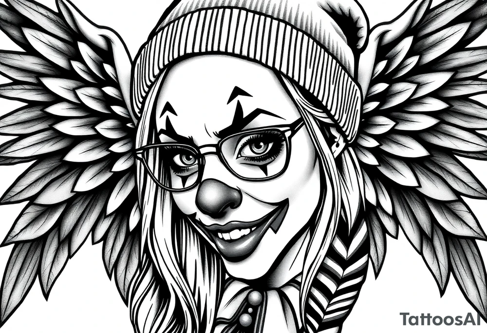 Clown Girl eye glasses long hair
Thug Beanie Angelic Wings tattoo idea