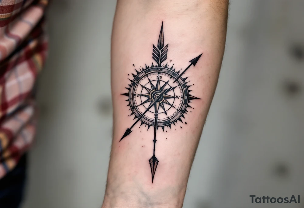 Rustic half compass half clock with and long native American arrow pointing at my wrist with the words “True North” tattoo idea