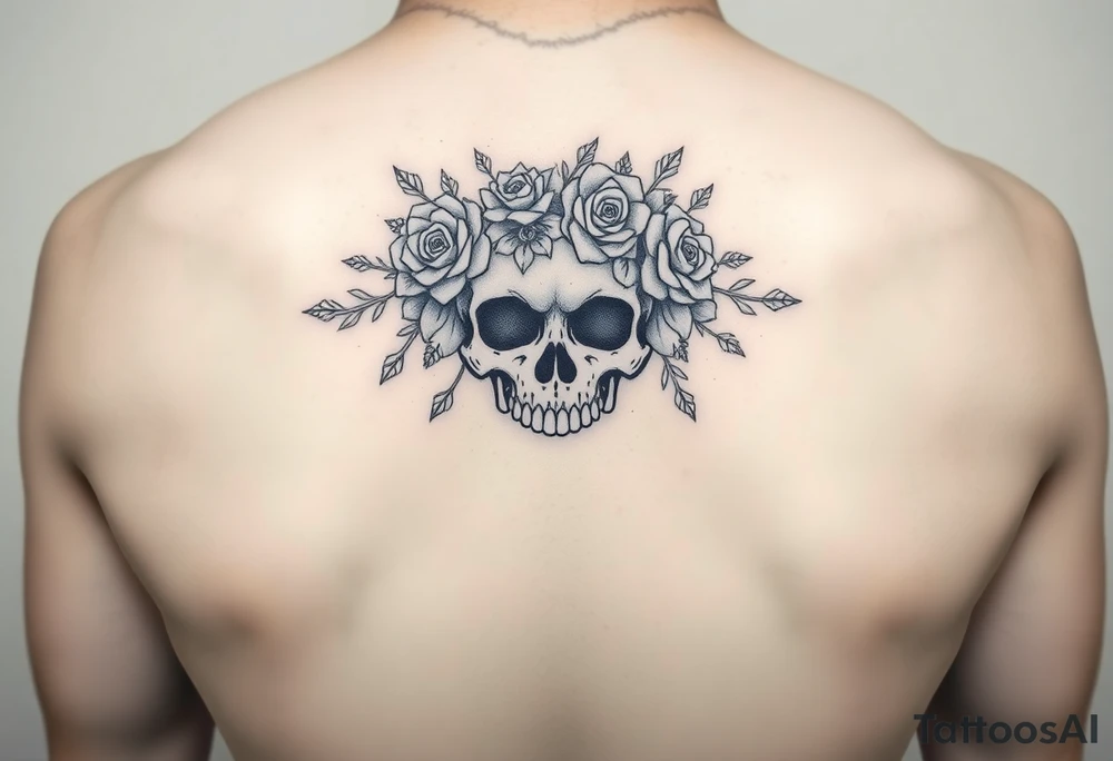 ornate skull adorned with crown of wild roses and thorns tattoo idea