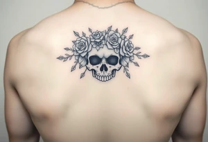 ornate skull adorned with crown of wild roses and thorns tattoo idea