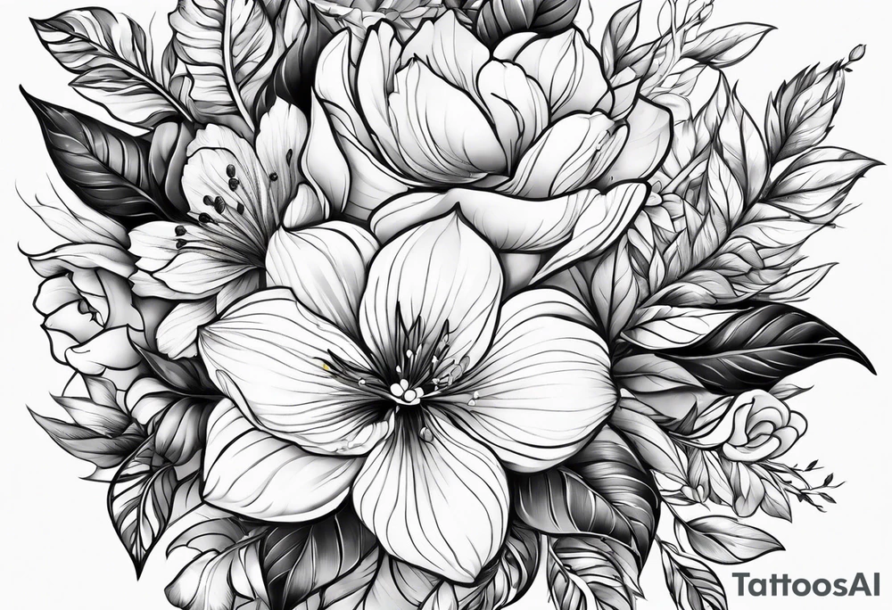 Florais com folhas em traços finos tattoo idea