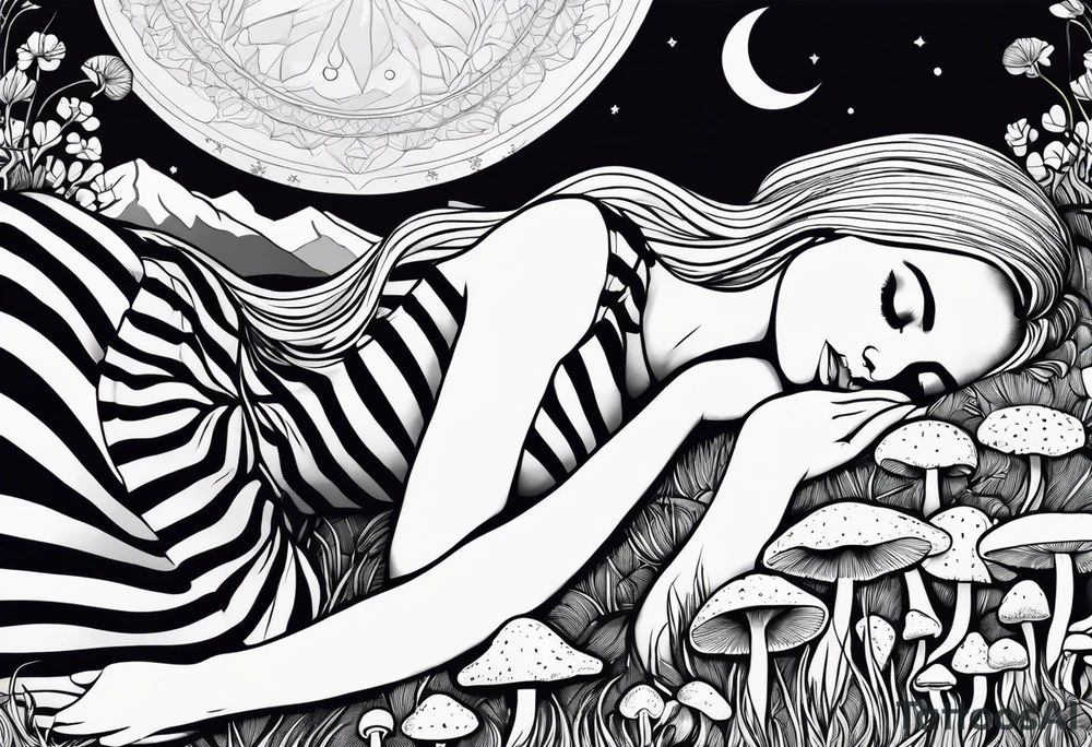 Straight blonde hair girl in black and white striped dress sleeping back facing
in a field of mushrooms with mountains s
and crescent moon mandala background tattoo idea