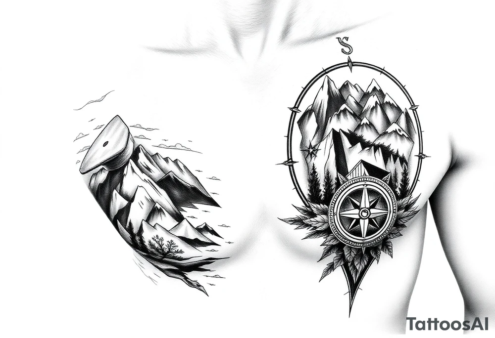 The tattoo should represent a journey from youthful enthusiasm to mature wisdom. On one side, depict the adventurous spirit of youth with imagery like rugged landscapes and exploration scenes. On the other side, reflect maturity and life experiences such as military service, career milestones, love, and family, using symbols like a graduation cap, military insignia, briefcase, wedding ring, and family.

Incorporate themes of continuous learning and self-discovery, with elements of self-love, familial bonds, community, and empathy. Contrast natural landscapes with man-made structures to symbolize the balance between nature and technology. The design should flow from left (youth) to right (maturity) and be rendered in black and white.

This will be on my right shoulder cap into my right pec. On my right pec I have an existing tattoo that is a compass with mountains in them. tattoo idea