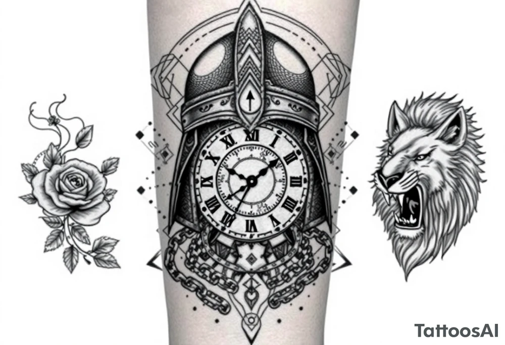 A detailed tattoo featuring a stylized warrior helmet with intricate textures and patterns. Behind it lies a shattered clock face with exposed gears and intertwined chains, symbolizing struggle with time and anxiety. Surrounding the helmet and clock are swirling smoke and wind patterns filled with fine details like leaves, feathers, and tribal motifs, representing resilience and growth. On one side, a blooming thorned rose or lotus flower symbolizes delicate strength and love. On the other side, a fierce roaring lion or wolf head embodies courage and protection. The background includes geometric shapes and dotwork to add depth and unify the design. The style combines bold linework with fine detail, dotwork, and shading for a powerful modern tattoo. tattoo idea