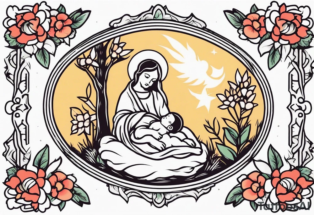 baby jesus in manger

old school vintage simple traditional design with vintage flowers surrounding it bold color simple tattoo idea