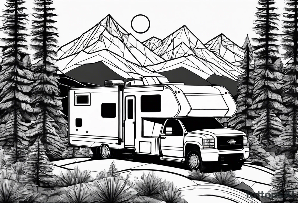geometric mountains with an rv/truck and trees tattoo idea geometric mountains with an rv/truck and trees tattoo idea