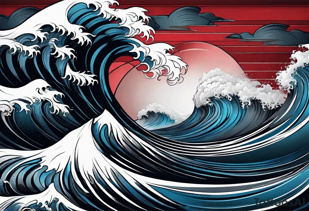 dark ocean waves background with linear red, white and black and gray including muted blues tattoo idea