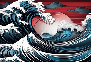 dark ocean waves background with linear red, white and black and gray including muted blues tattoo idea