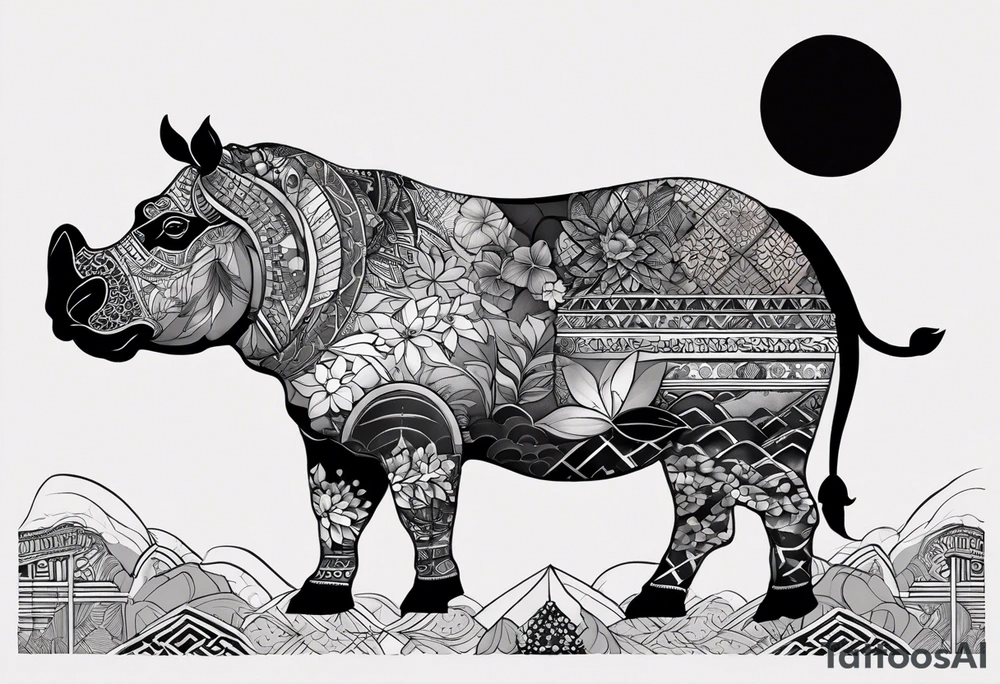 Very asymmetrical, +geometric pattern, with realistic full moon, with hippo,+tribal, +geometric, +inkart , +blackwork, +grey scale, + sketch
with wintersweet flower bud, +for men, detailed layering , modify from my favourites , dont look like a cow tattoo idea