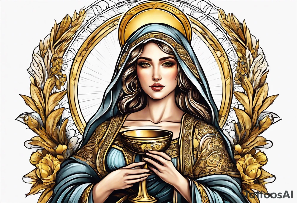woman saint holding chalice surrounded by golden halo sideways tattoo idea
