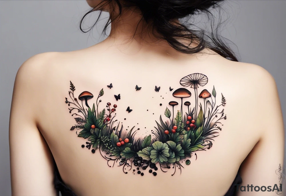 minimalistic forest floor inspired tattoo, which includes grass, moss, curly ferns and dead leaves as the bulk of the tattoo. details to include: forest berries, couple of very small brown mushrooms, a tiny bumblebee flying nearby tattoo idea