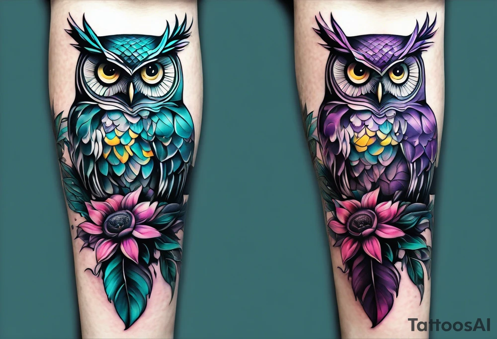 Leg Sleeve with black and white owl that's lightly shaded teal, pink and purple and yellow sunflowers tattoo idea