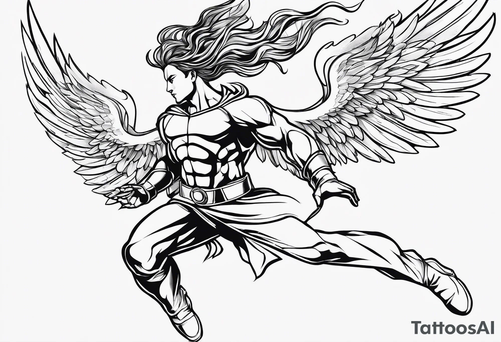 Angel in the pose of a superhero landing tattoo idea