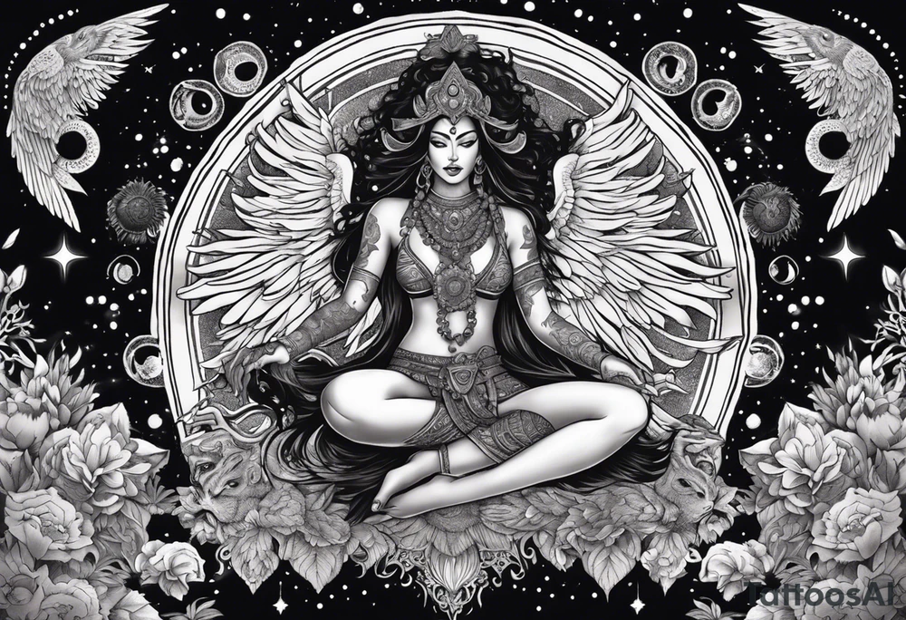 black kali, goddess pirate, alien, angel, pachamama, valkrye, warrior, flying, skull, lotus azul, wing, eagle, zenza resonance, stars, 5D, anahata chakra, death, durga, riding on a tiger, flying lady, kundalini, chest tatoo, samuri, rebel,serpent tattoo idea