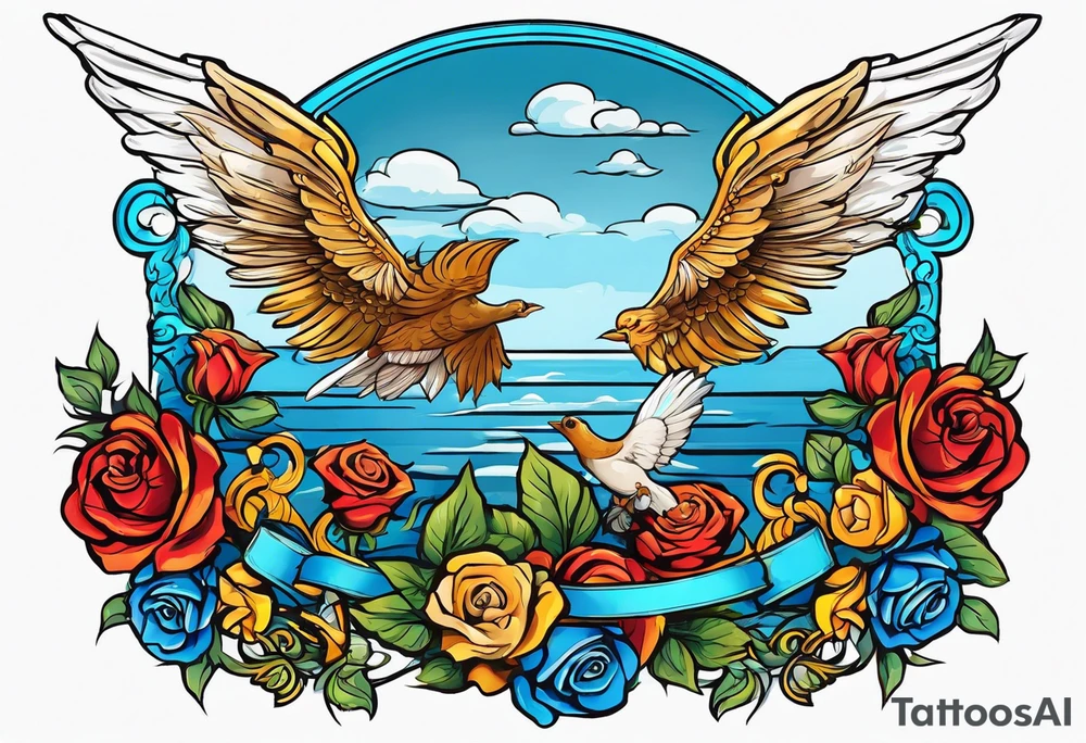 Cupio fly boy wings and a bow,, bacground sea ancient rome gods , blue roses frames tattoo idea