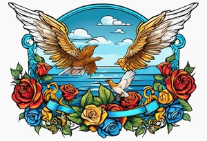 Cupio fly boy wings and a bow,, bacground sea ancient rome gods , blue roses frames tattoo idea