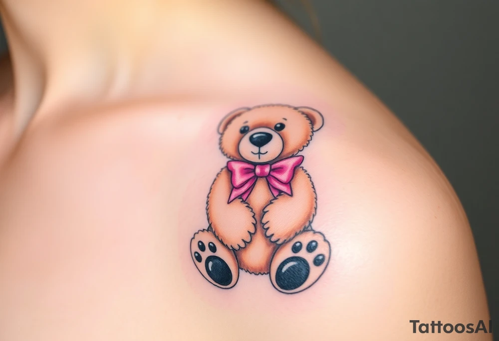 realistic tan teddy bear with black paws and a pink bow around its neck tattoo idea