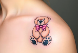 realistic tan teddy bear with black paws and a pink bow around its neck tattoo idea