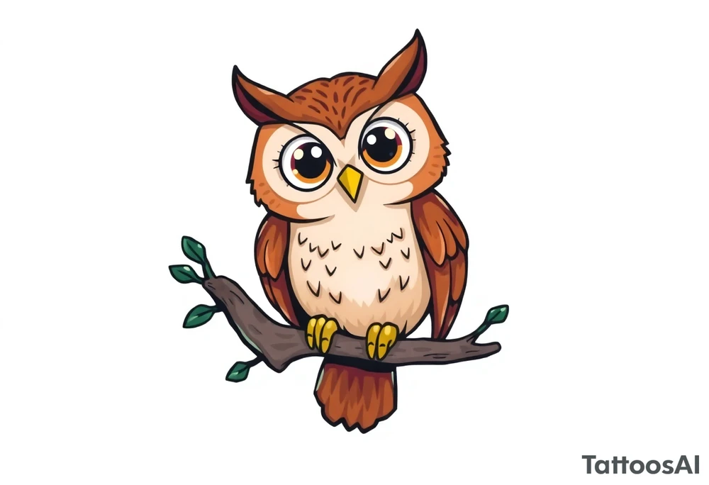 Cartoon style Owl with adorable eyes, perched on a tree limb tattoo idea