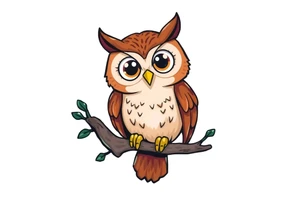 Cartoon style Owl with adorable eyes, perched on a tree limb tattoo idea