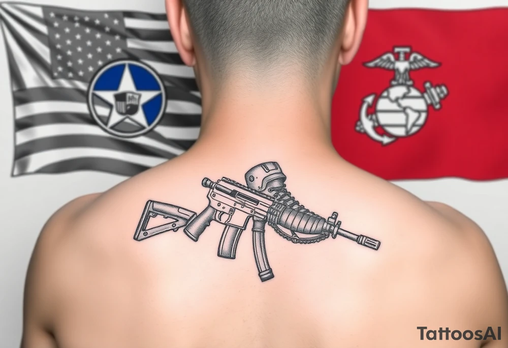 Miliary boots, rifle, helmet in black and grey with color Navy and Marine Corps Flags in the background tattoo idea