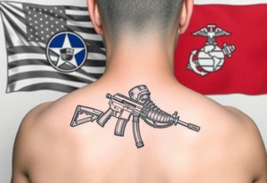 Miliary boots, rifle, helmet in black and grey with color Navy and Marine Corps Flags in the background tattoo idea