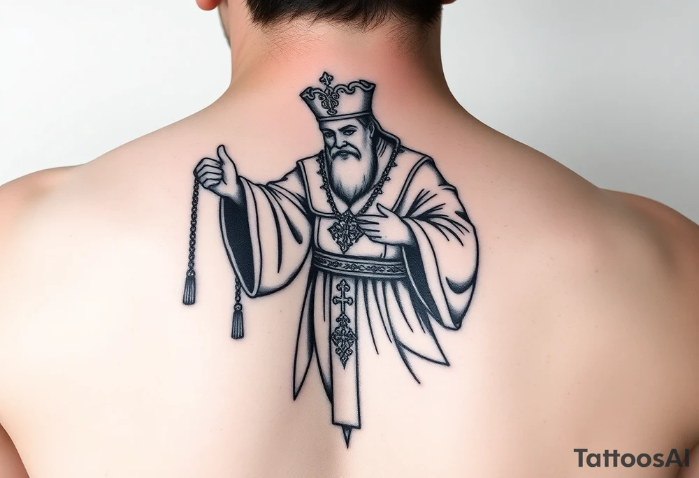 russian orthodox priest in a fully detailed garment swinging censer chains tattoo idea