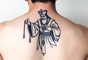 russian orthodox priest in a fully detailed garment swinging censer chains tattoo idea
