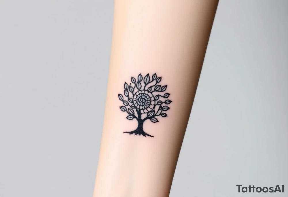 Fibonacci spiral shell on side of base of tree full of lots of leaves tattoo idea