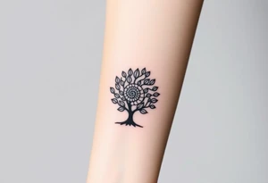 Fibonacci spiral shell on side of base of tree full of lots of leaves tattoo idea