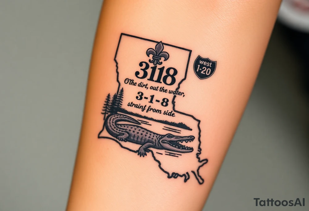 Big Louisiana state outline with fleur-de-lis, a bayou with a gator and trees , the 318 area code and and quote that says  Out the dirt, out the water, straight from 318 , a sign that says I- 20 . Below that add west side , tattoo idea