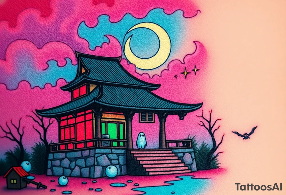 Tim Burton’s haunted pastel Tokyo shrine is abandoned except for one lone samurai ghost and dripping with muted reds, dusty pinks, and eerie green glow.purple and cyan smokey clouds swirl in the crescent moonlit sky thats sprinkled with stars tattoo idea tattoo idea